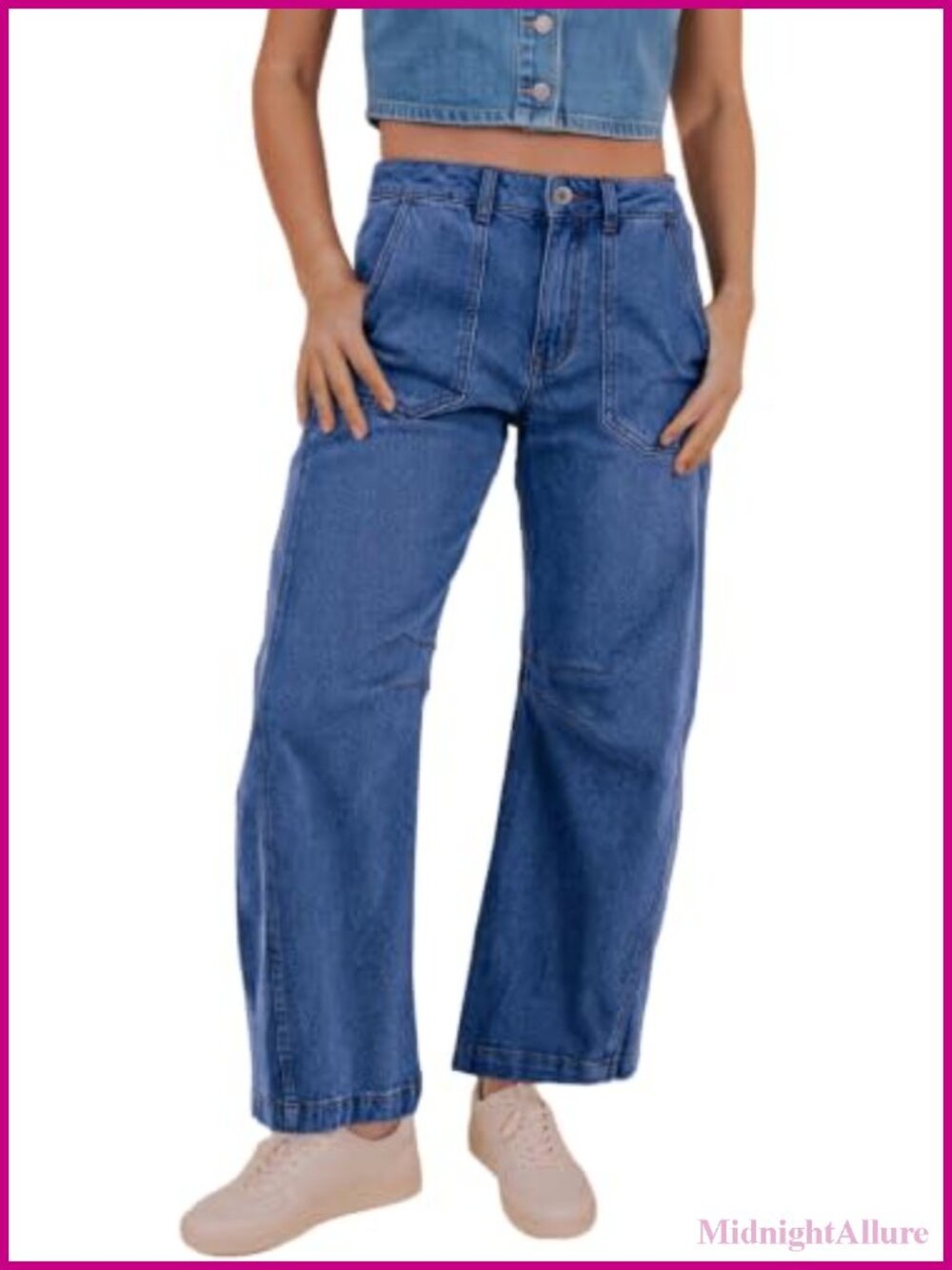 High Waist Stretchy Barrel Wide Leg Jeans Button Zip Pockets Ankle Length